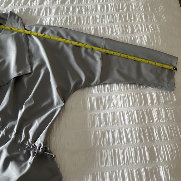 EVERSASSY Grey Short Jacket Shawl Collar Ruching Tie Back Contemporary Neutral - Picture 11 of 13